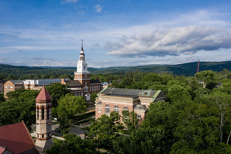 Drone shot of Baker Tower on a bright spring day