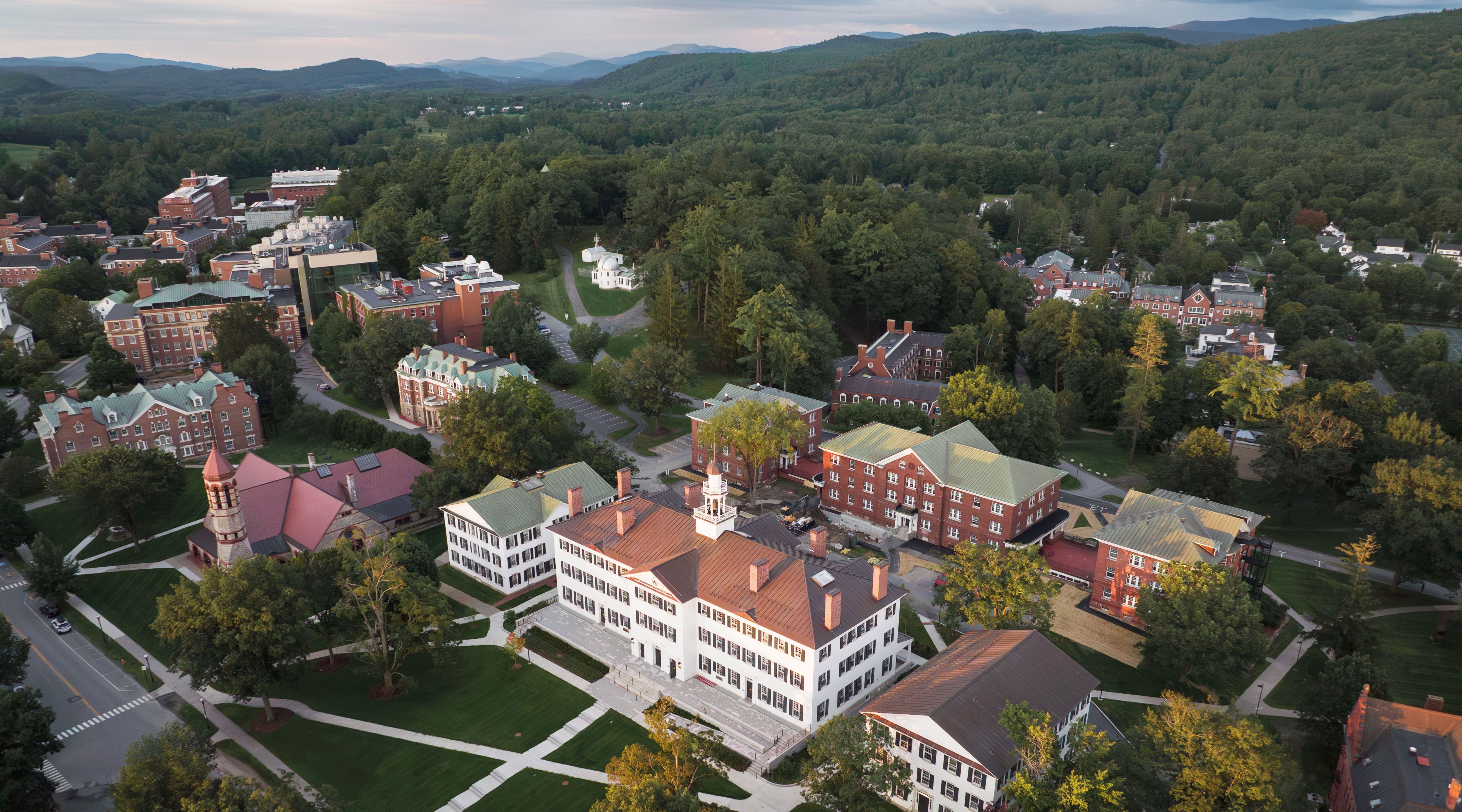 aerial view of Dartmouth Hall at sunset