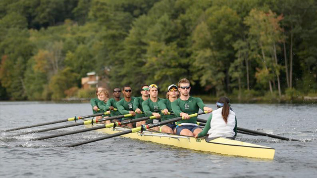Rowing team practices on the Connecticut River
