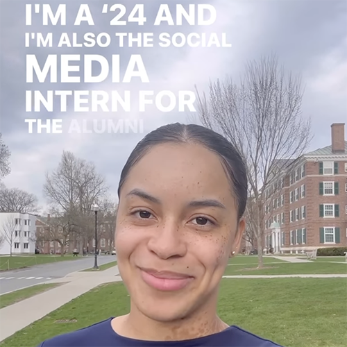 Photo of Lindsay Harley on campus with text that reads: I'm a ’24. I'm also the social media intern for the alumni relations office