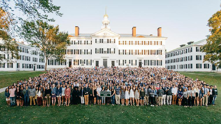Class photo on the green with Dartmouth Hall in the background