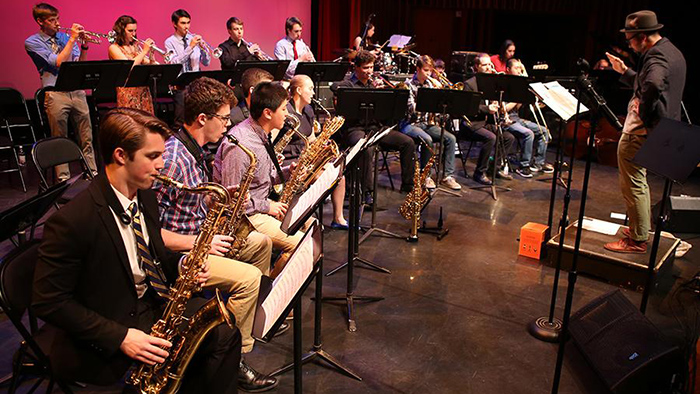 Barbary Coast Jazz ensemble performing on stage at Dartmouth