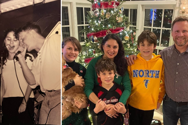 Two side by side photos of Jennifer Tudder and Walus. The one on the left is an older photo of them singing on a microphone and the photo on right is a picture of their family with the three kids and the dog in front of a christmas tree