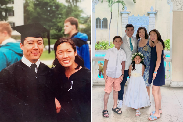 Two side by side photos of Jeannie and Justin Pae. On left a photo of them on graduation day and on right a photo of them now with their family