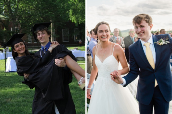Two side by side photos of Katie Clayton ’18 and Connor Lehan ’18. On left it's their photo from graduation day and on right it a photo from their wedding day