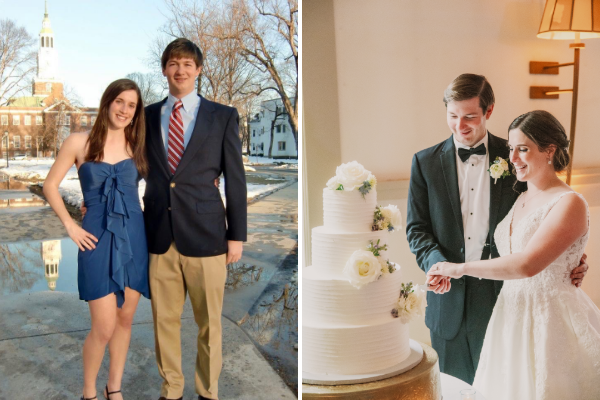 Two side by side photos of Andrew Roberts ’14 and Maddie (Garcia) Roberts ’14. Left photo of them in front of baker library and photo on the right is from their wedding day