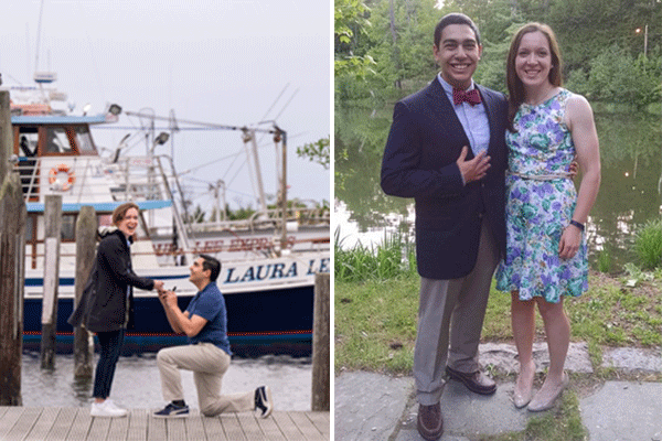 The couple getting engaged in front of a boat at a dock next to the couple posing in formal wear. 