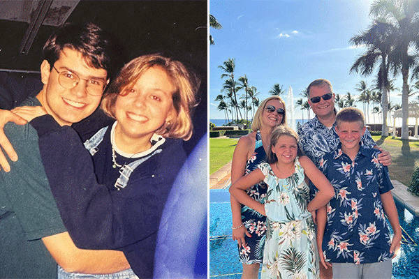 A photo of the couple in college beside a photo the couple with their two children posed in resort wear on vacation. 