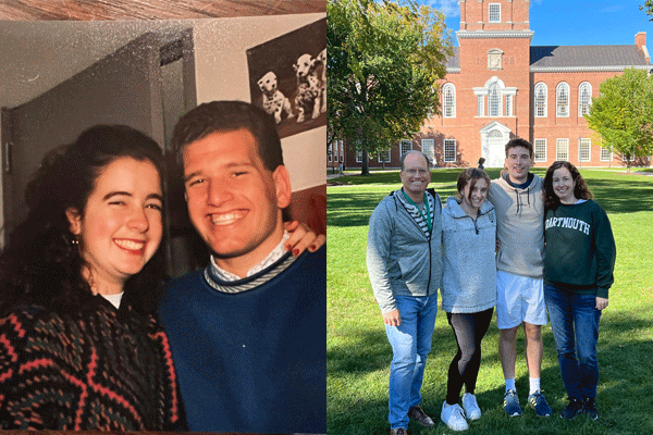 A photo of the couple as students smiling in a dorm room next to a family photo of the couple with their two children in front of Baker Tower. 