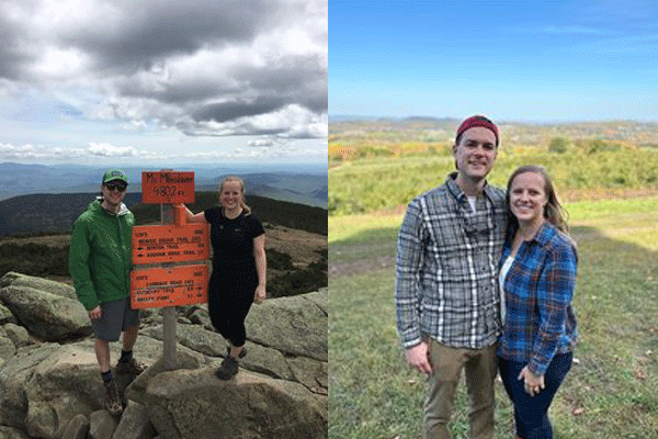 A photo of the couple posing with the signpost atop Mt. Moosilauke next to a photo of the couple today posing outdoors. 