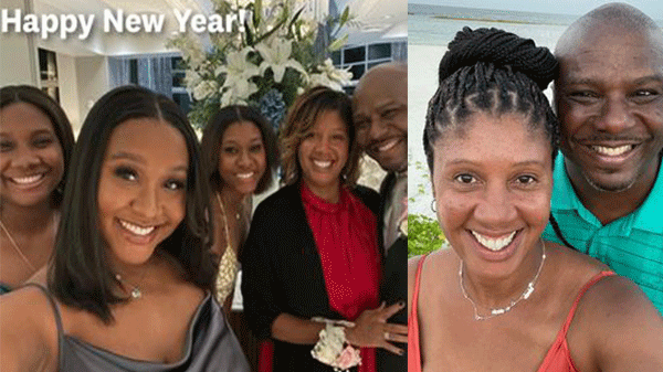 Two photos of Nicole (Smith) Clark ’89 and David Clark ’90: on left w/ friends on new years eve and on right, together on a beach
