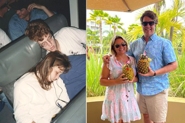 A photo of the couple in college sleeping beside each other on a tour bus beside the couple posing as adults with sunglasses and holding tropical drinks. 