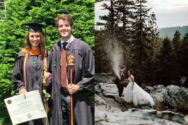 The couple in cap and gown at commencement beside their wedding on a mountail cliff in South Lake Tahoe. 