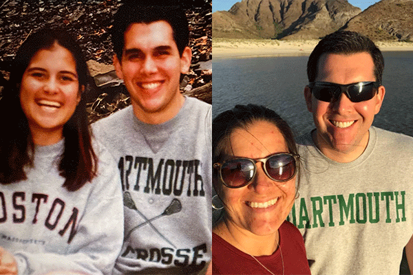 A photo of the Simermyers' as college students smiling beside a similar photo of the couple today smiling. 