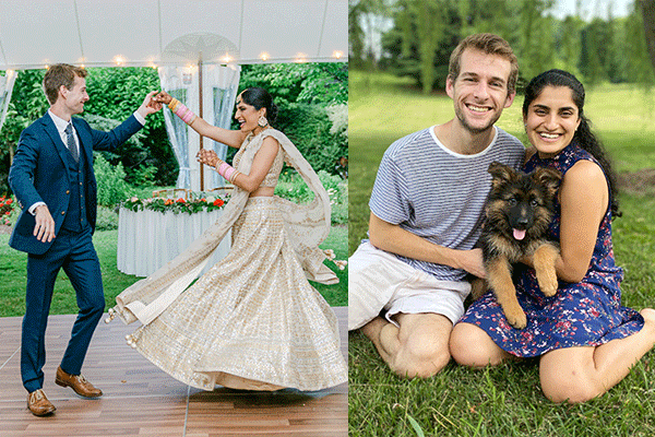 A photo of the couple dancing at their wedding beside a photo of the couple posed sitting in the grass with their german shepherd puppy. 