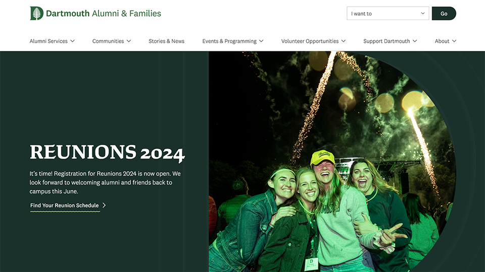 Screenshot of the alumni.dartmouth.edu homepage with a Reunions 2024 promotion at the top