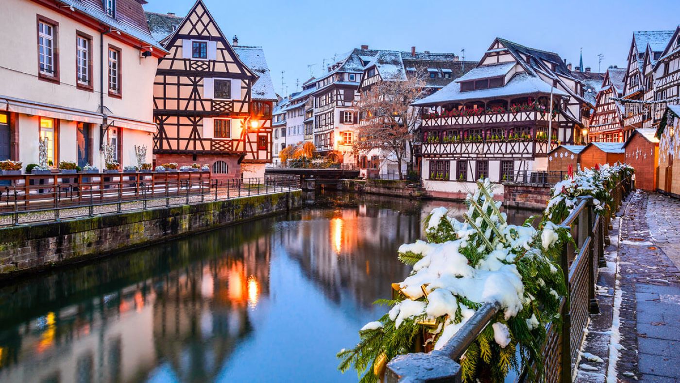 Snowy river in Strasbourg