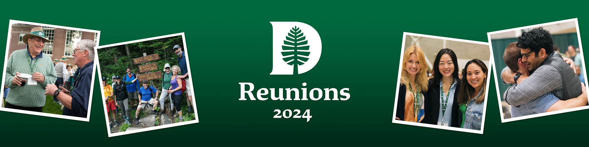 Reunions 2024 logo with four images of alums at past reunions