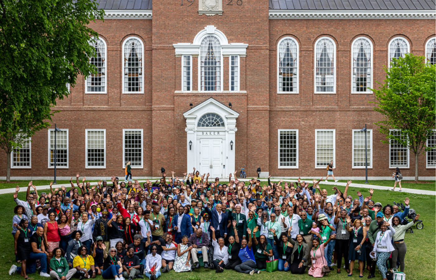 A group shot of the attendees of the BADA 50th reunion celebration posed on Baker Lawn.
