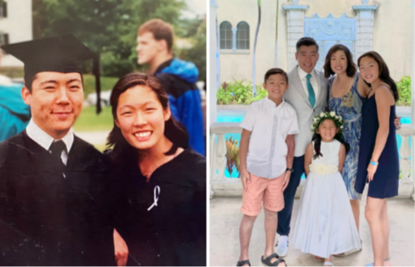 A photo of a couple at graduation and then a photo of them today posing with their three children. 