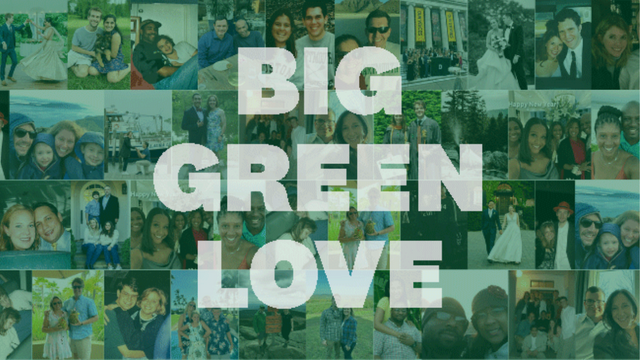 A collage of couples with a green overlay reading Big Green Love.