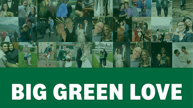 A collage of couples with a green overlay reading Big Green Love.