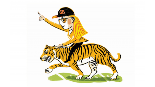 An illustration of a woman wearing a team baseball cap riding a bengal tiger. 