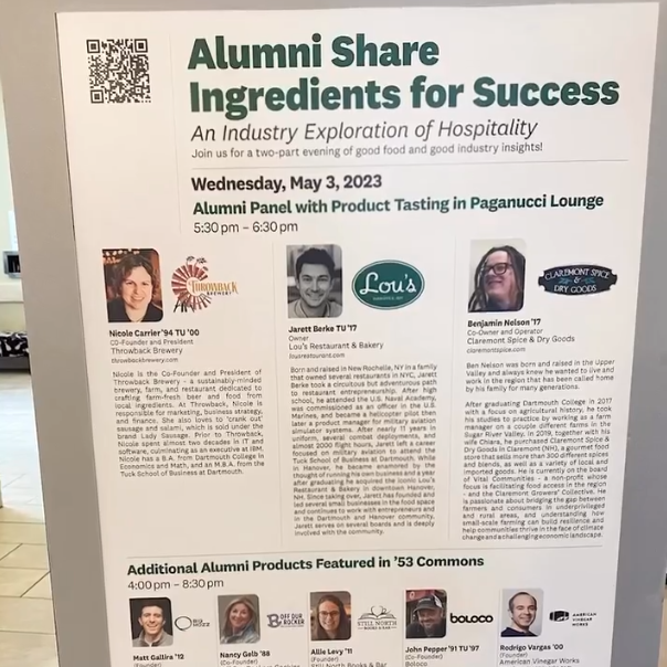 A photograph of a sign for a hospitality event featuring the alumni honoree. The headline of the sign reads: Alumni share ingredients for success