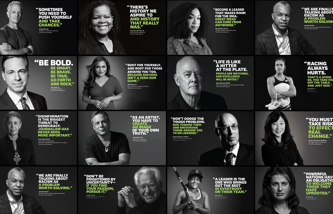 Collage of leadership features with headshots and quotes for each featured leader