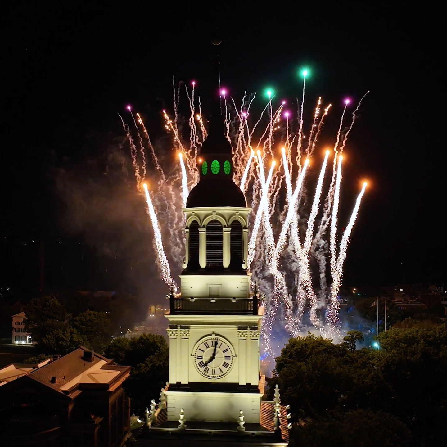 Baker Tower with fireworks in the background during Reunions 2024