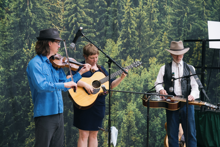 A folk music trio playing instruments in front of a pine forest background image. 