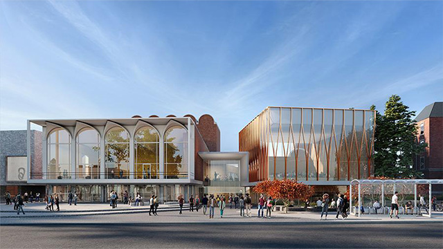 An architectural rendering showcasing the exterior of the proposed Hopkins Center renovations.