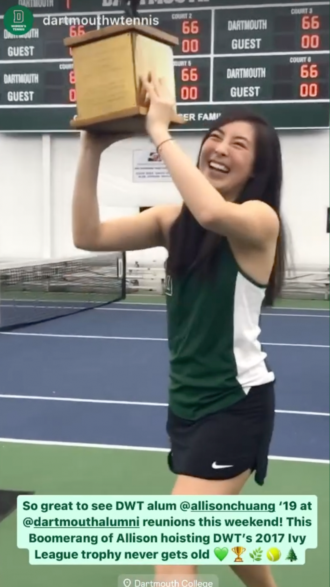 IG story of women's tennis team member holding up 2017 trophy at Reunions 2024