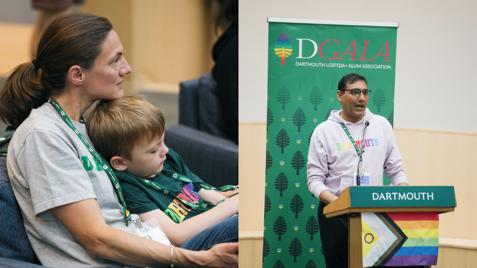 A photo of a parent holding a child listening to the speaker and a photo of a man speaking at a podium in front of a DGALA backdrop. 