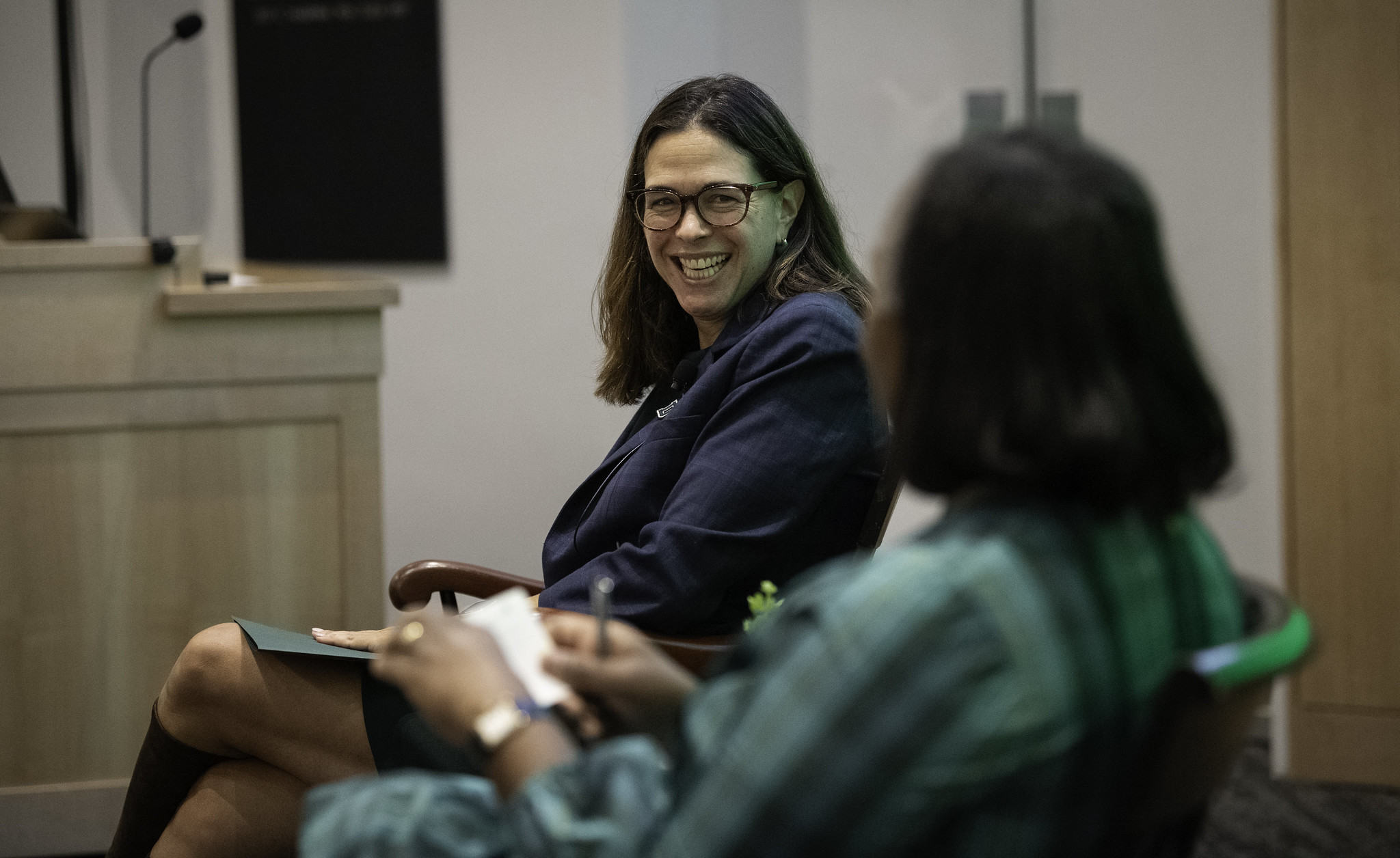 President Beilock smiling during her conversation with Trustee Odette Harris. 