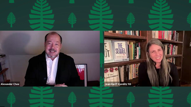 Professor Alexander Chee and Author Jean Hanff Korelitz ’83 on Zoom screen