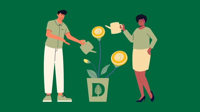 An illustration of two people watering a plant that symbolizes money. There is a Dartmouth logo on the plant's pot. 