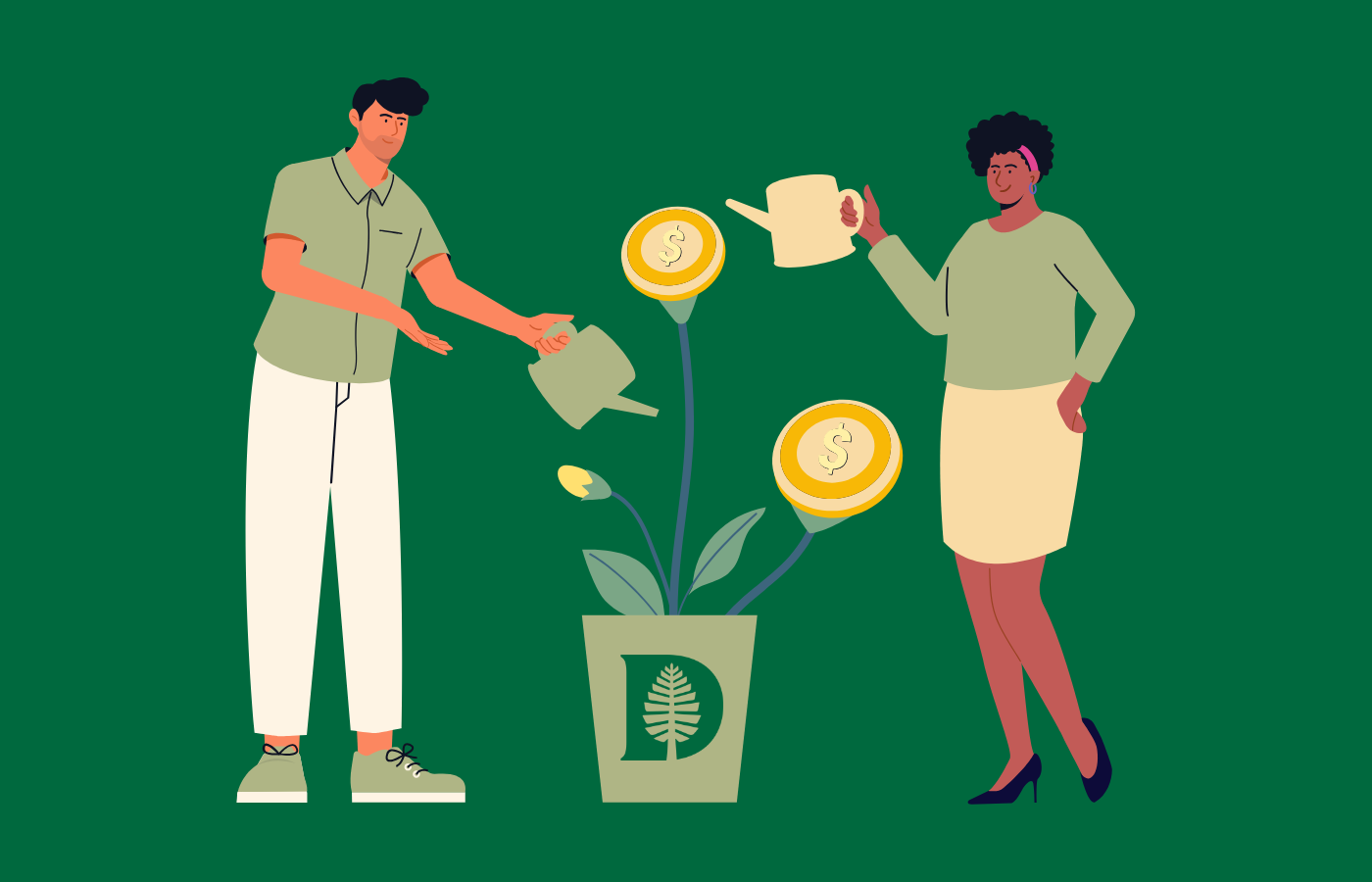 An illustration of two people watering a plant that symbolizes money. There is a Dartmouth logo on the plant's pot. 