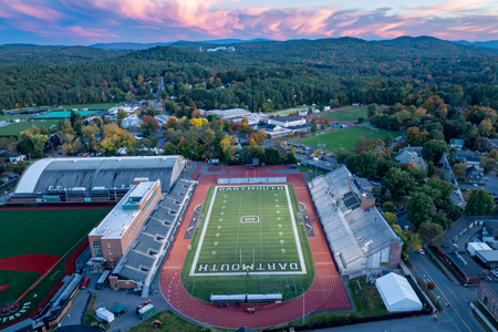 Aerial shot of Buddy Teevens Stadium at Memorial Field at sunset