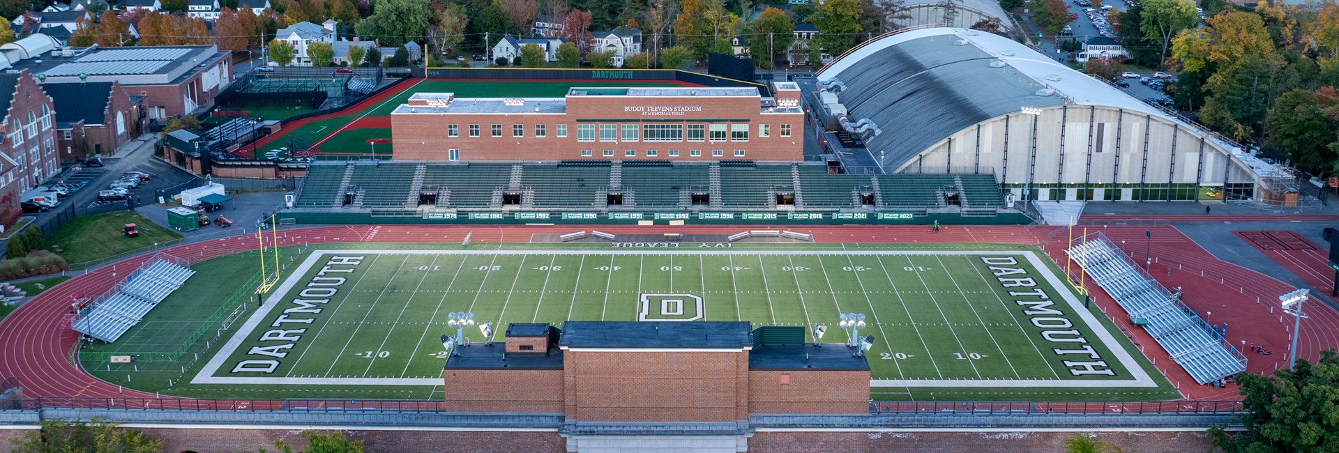 Aerial shot of Buddy Teevens Stadium at Memorial Field at sunset