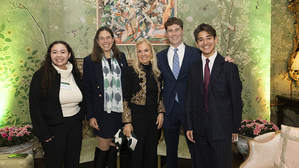 Dartmouth FSP students in London join President Sian Leah Beilock and United States Ambassador to the United Kingdom Jane D. Hartley P’07 ’11 at the Ambassador's residence. Pictured left to right