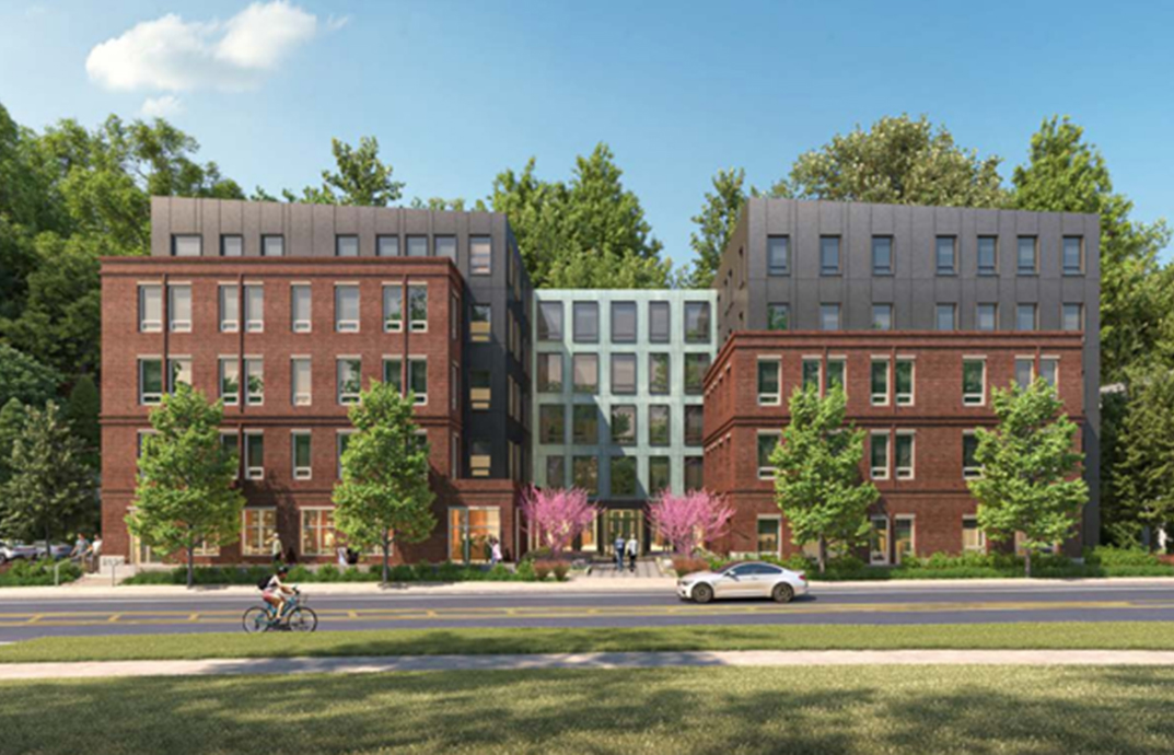 Exterior rendering of a residence hall on West Wheelock