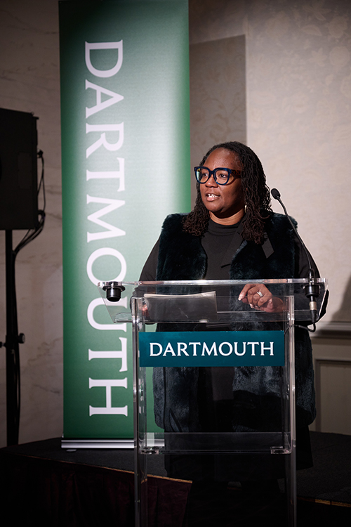 Shontay Delalue in the Savoy Hotel speaking to a pre-reception crowd