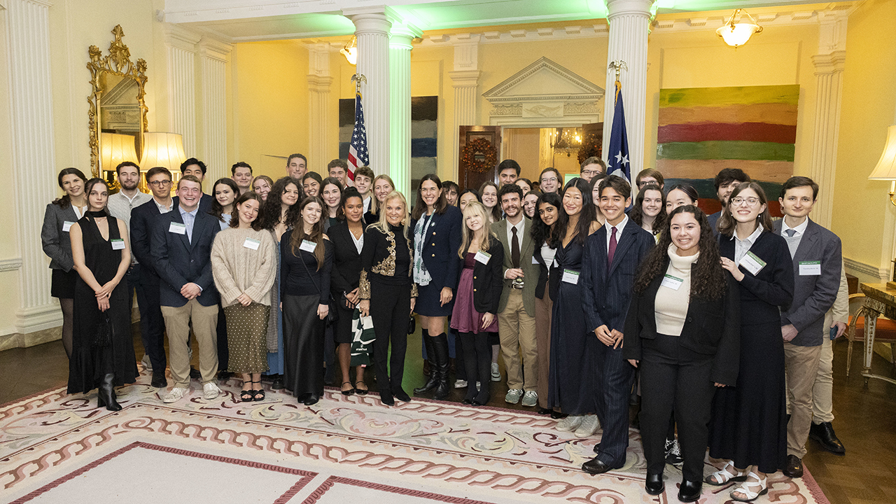 United States Ambassador to the United Kingdom Jane D. Hartley P’07 ’11 with Dartmouth FSP students and President Beilock at the Ambassador's residence