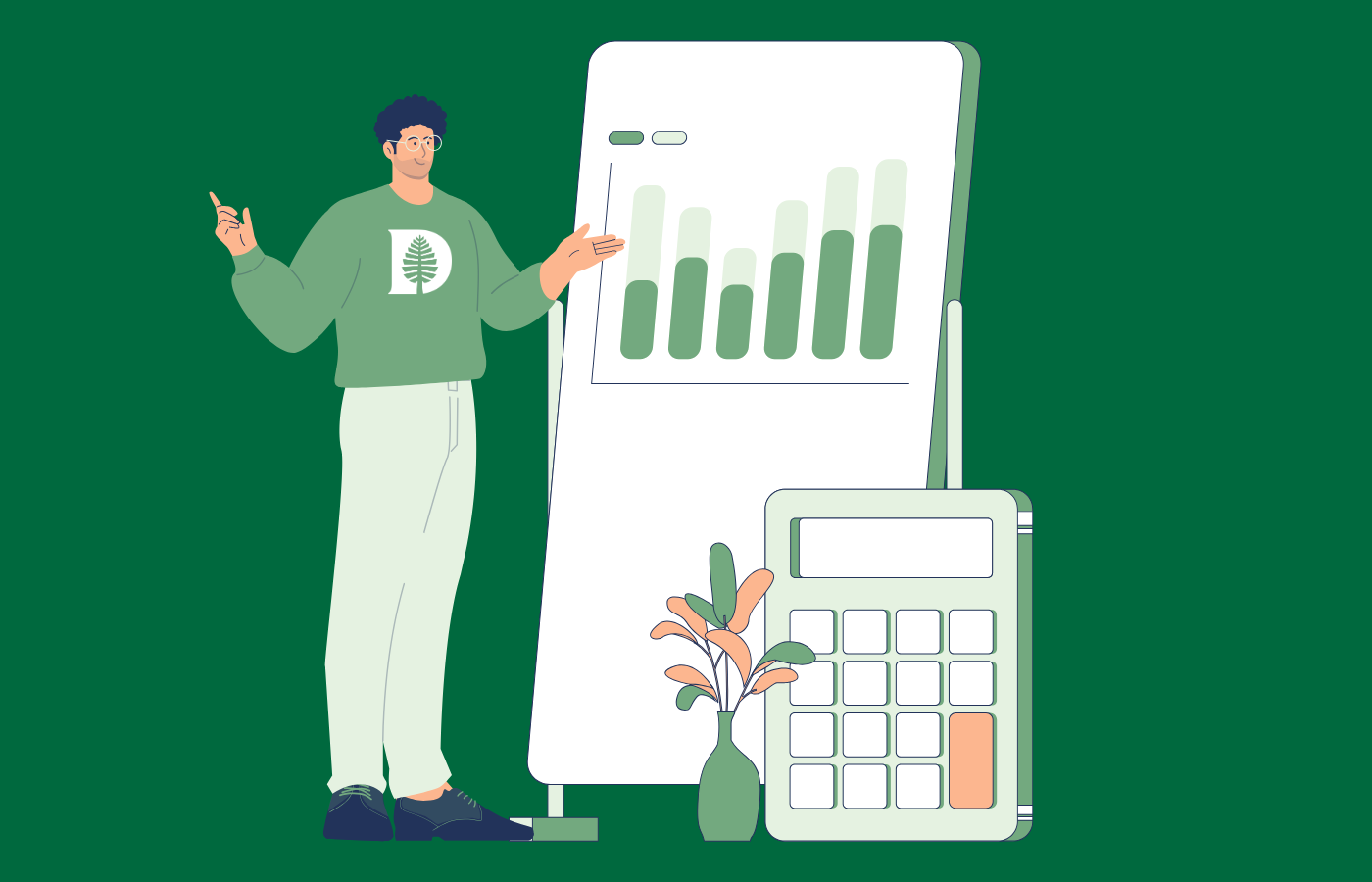 An animation of a person wearing a Dartmouth sweatshirt looking at a chart