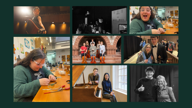 A collage of four different students doing artistic endeavors like playing instruments or working on jewelry.. 