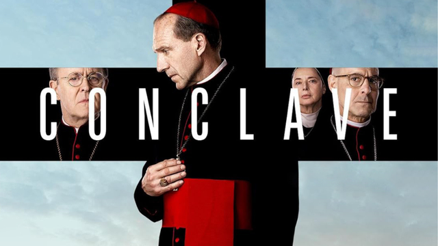 Conclave movie promotional poster image showing the profile of a man in priest's robes.