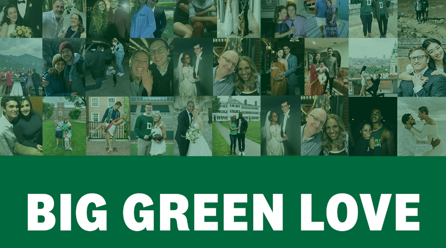 A collage of images of couples with a green overlay reading Big Green Love