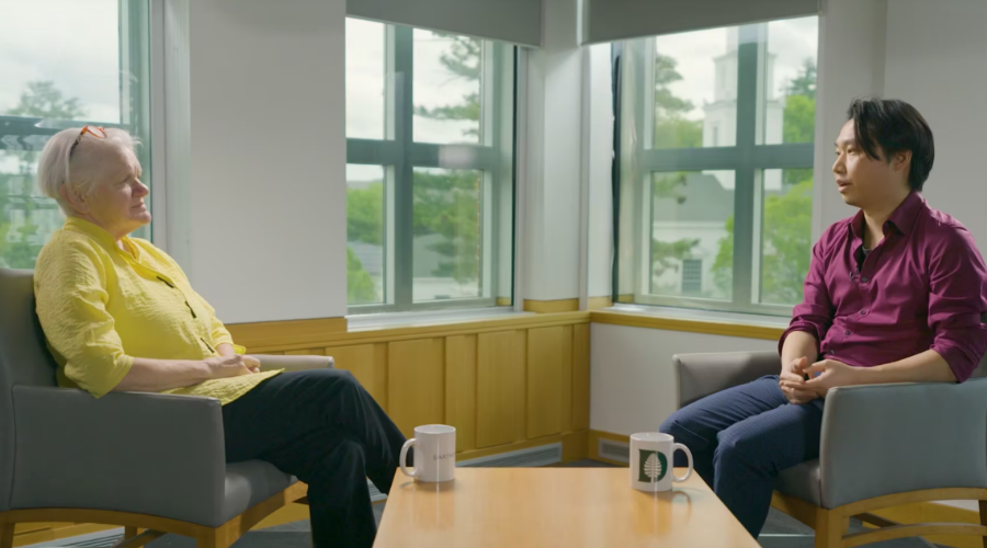 Professor Ackerman and Professor Chang seated in conversation. 