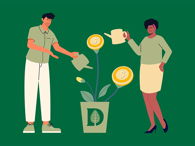 A fictitious animation of two people watering a plant with dollar signs